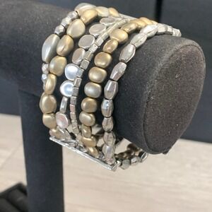 Mixed Metallic Multi Strand Stretch Bead Bracelet Gold Silver Tone Cuff Boho